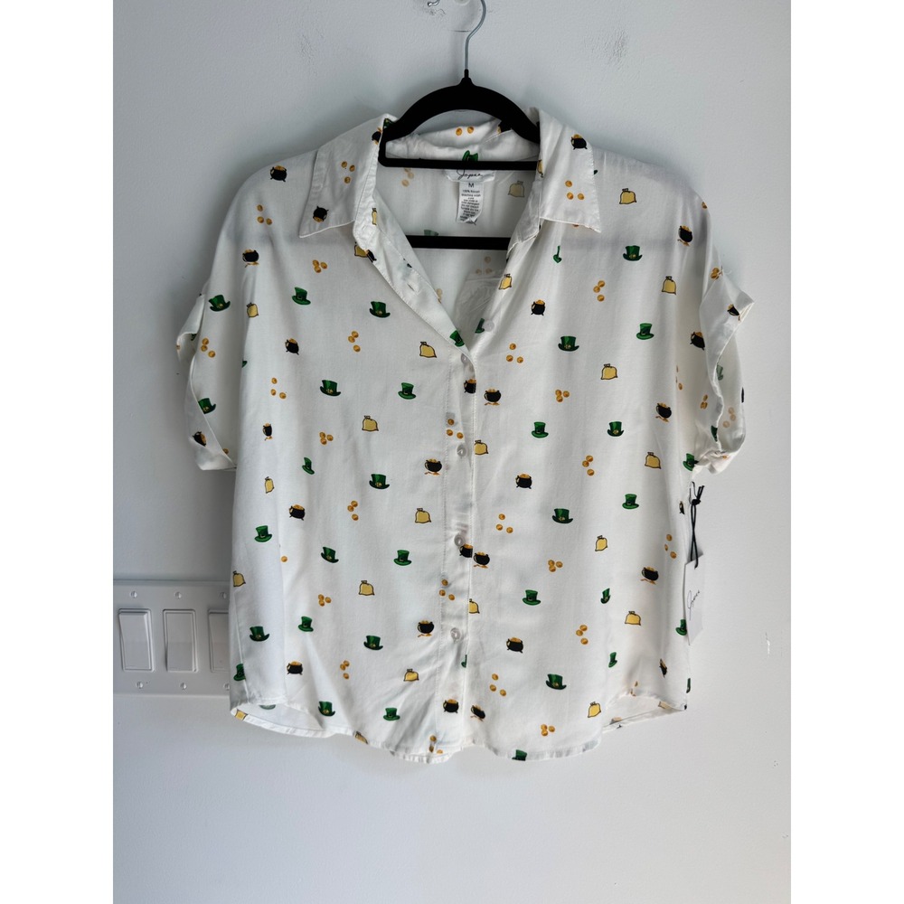 Japna Womens St Patricks Day Button Down Shirt White Rayon Pot of Gold M NEW